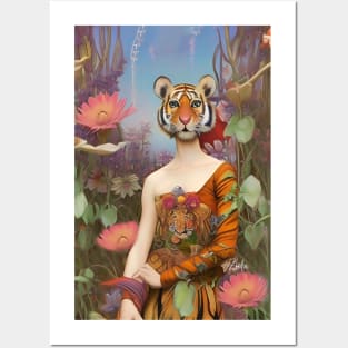 Cool dream and surreal floral design with flowers a girl and tiger Posters and Art